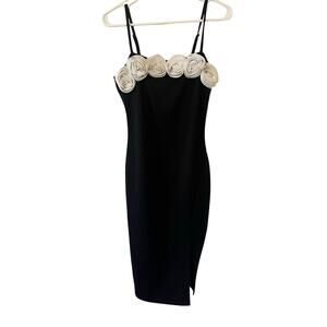 Women's Thirty Thirty LA Black White Flowers Stretch Front Slit Dress Sz Med